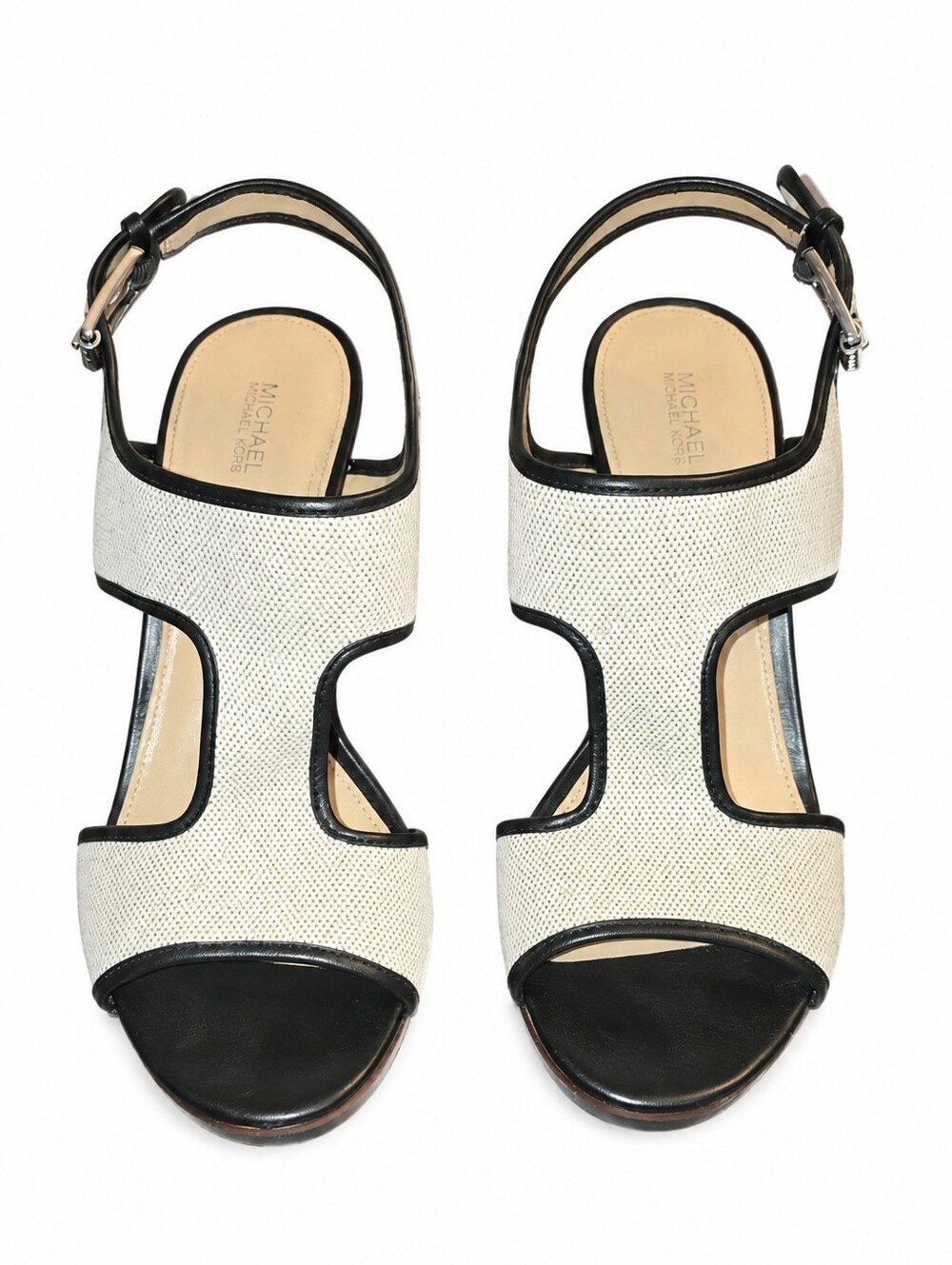 MICHAEL Michael Kors Gillian Wedge Sandals Size 10 Cream/Black Silver Buckle